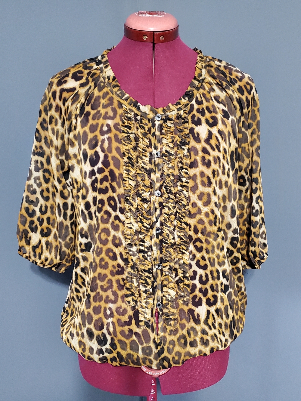 Express Sheer Leopard Ruffle-Trim Button-Front Blouse - Yellow/Brown/Black SZ S